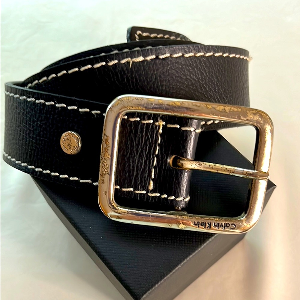 Calvin Klein real leather black belt with contrast, stitching, silver buckle